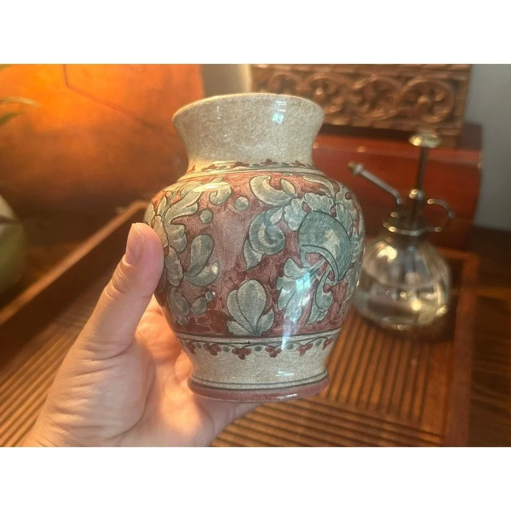 Biagioli Gubbio Italy Art Pottery Vase Hand Painted Floral Red Green Vintage 5